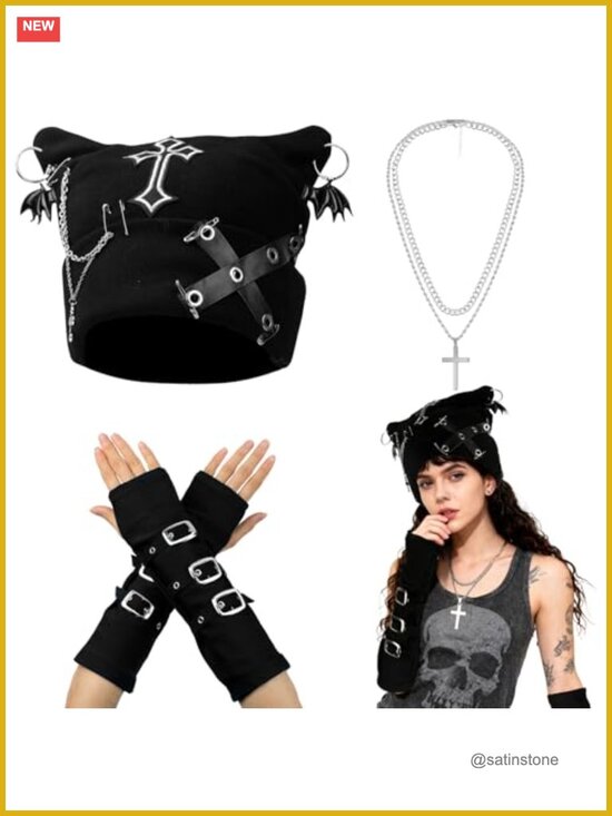 Grunge Cat Ear Beanie Set with Fingerless Gloves and Necklaces main image 4